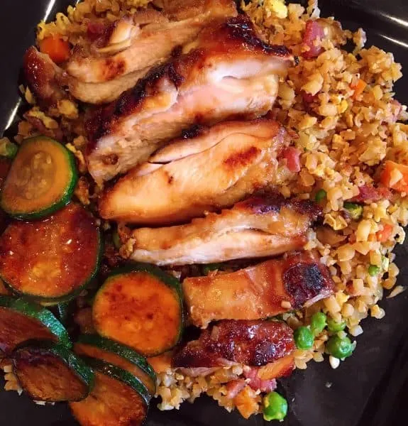 Slices of Teriyaki Chicken with Cauliflower Fried Rice