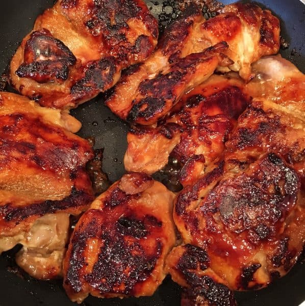 Teriyaki Boneless Chicken Thighs in a skillet