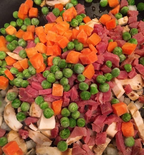 Mushrooms, ham, peas, and carrots for Cauliflower Fried Rice