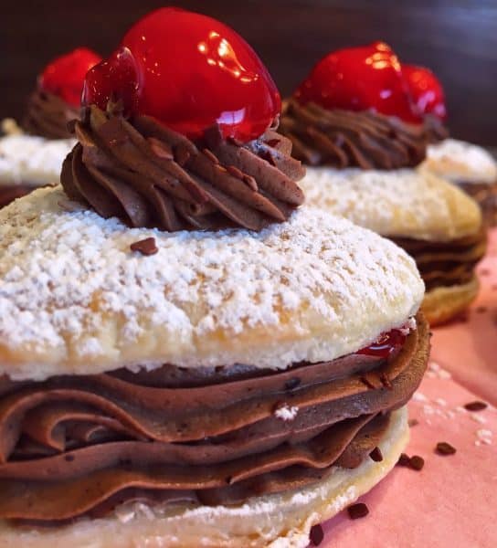 Close up of Chocolate Cherry Valentine Napoleons 