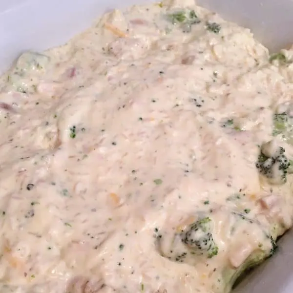 Rice, Soup, and Chicken mixture spread in a baking dish.