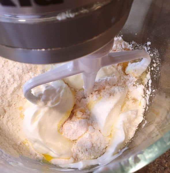 Mixing bowl filled with cake ingredients