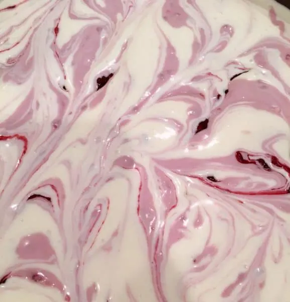 Swirled Raspberry sauce into Coconut Cheesecake