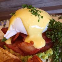 Plate with Easy Eggs Benedict and roasted potatoes