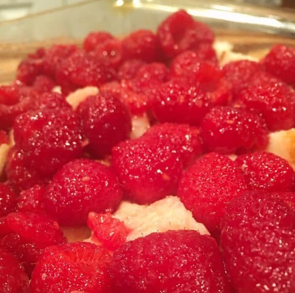 Raspberry mixture placed on top of the cream soaked bread cubes.