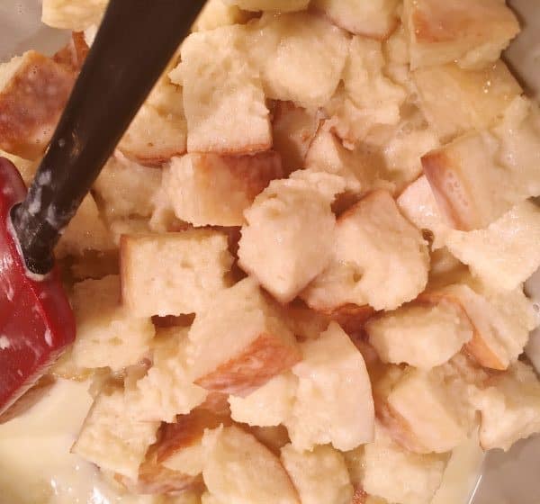 bread cubes added to pudding mixture.