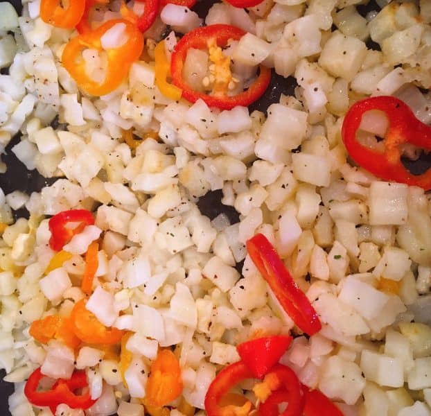 Skillet with hash browns and peppers