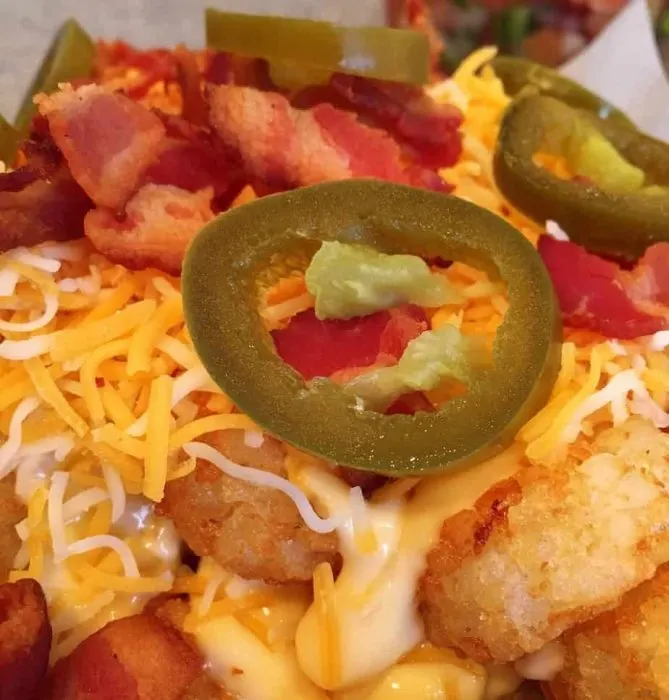 Loaded Tater Tots with cheese, bacon, and jalapenos