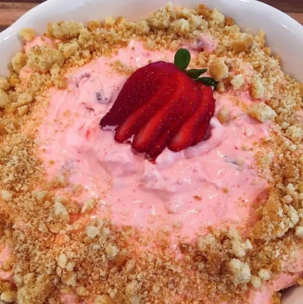 Bowl full of Strawberry PIneapple Jello Fluff Salad