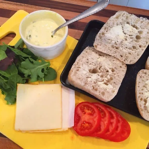 Cutting board with Fish Sandwich Prep Items