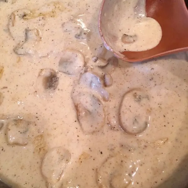Close up photo of creamy mushroom gravy