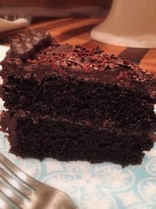 Slice of Best Dark Chocolate Cake on a plate with a fork.