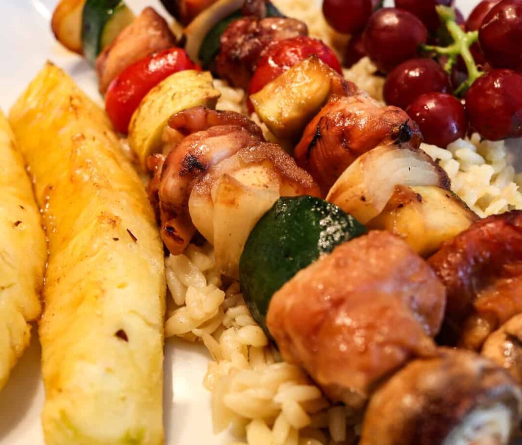 Close Up of Grilled Teriyaki Chicken Kabobs