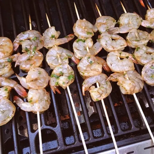 Shrimp on Skewers being grilled