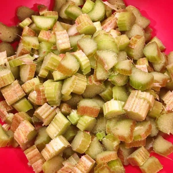 bowl full of chopped rhubarb