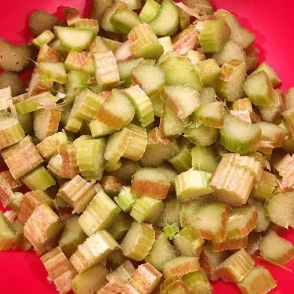 bowl full of chopped rhubarb