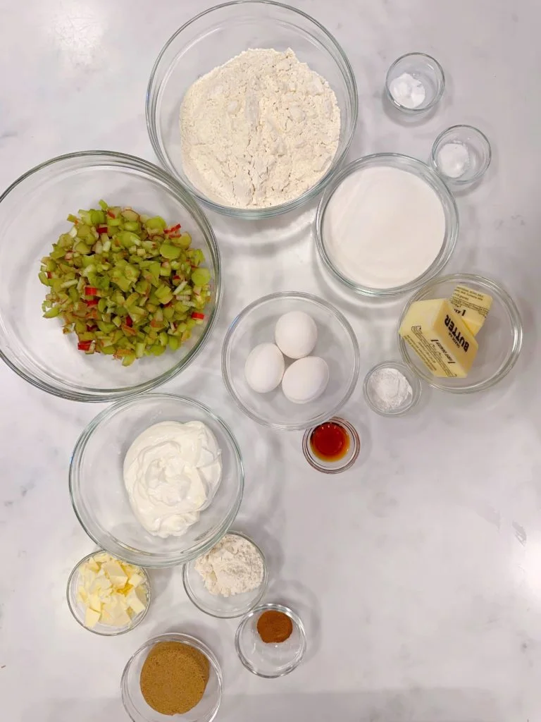 Ingredients in glass bowls for Rhubarb Coffee Cake.