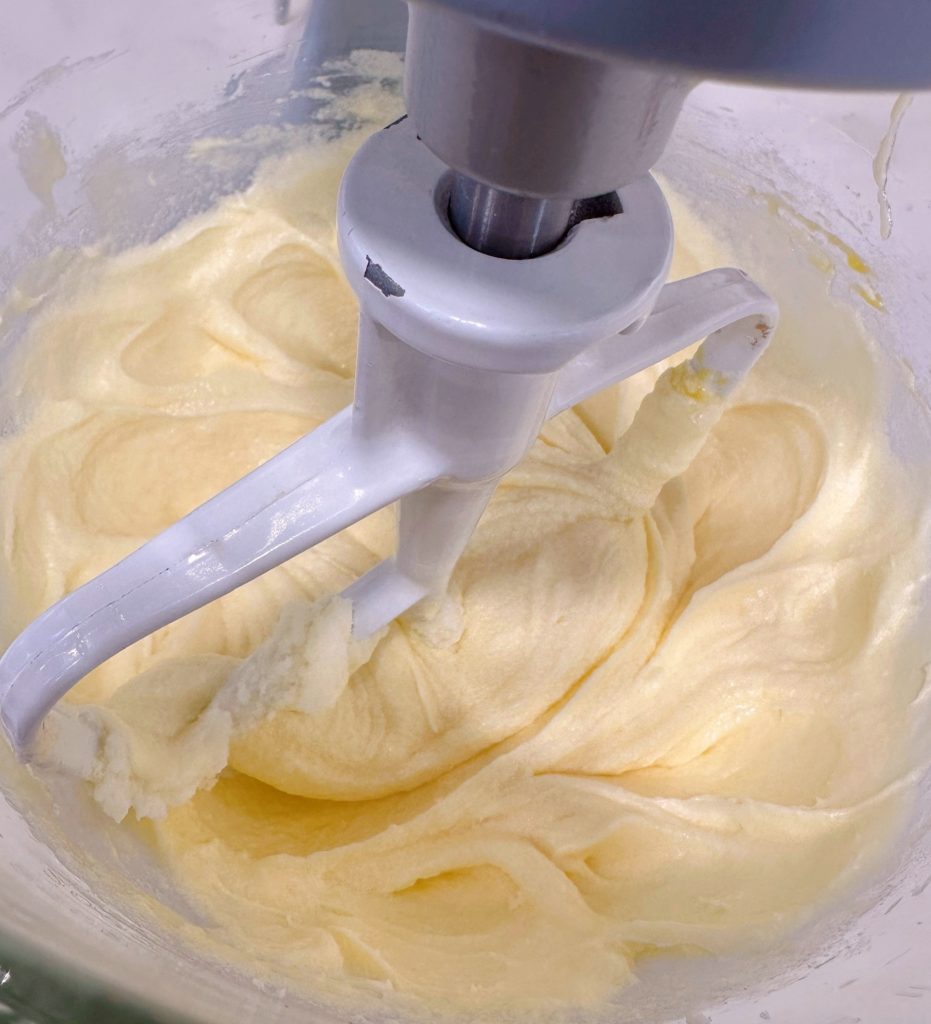 Butter and sugar creamed together in a stand-mixer bowl until creamy.