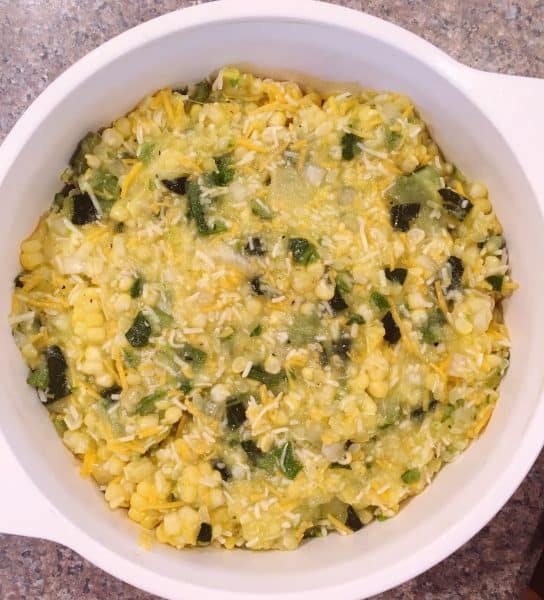 Squash and Corn mixture poured into prepared 2 qt baking dish