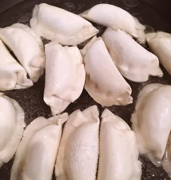 Frozen Potstickers in a skillet