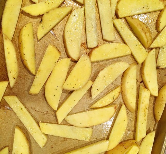 Golden Potatoes on baking sheet