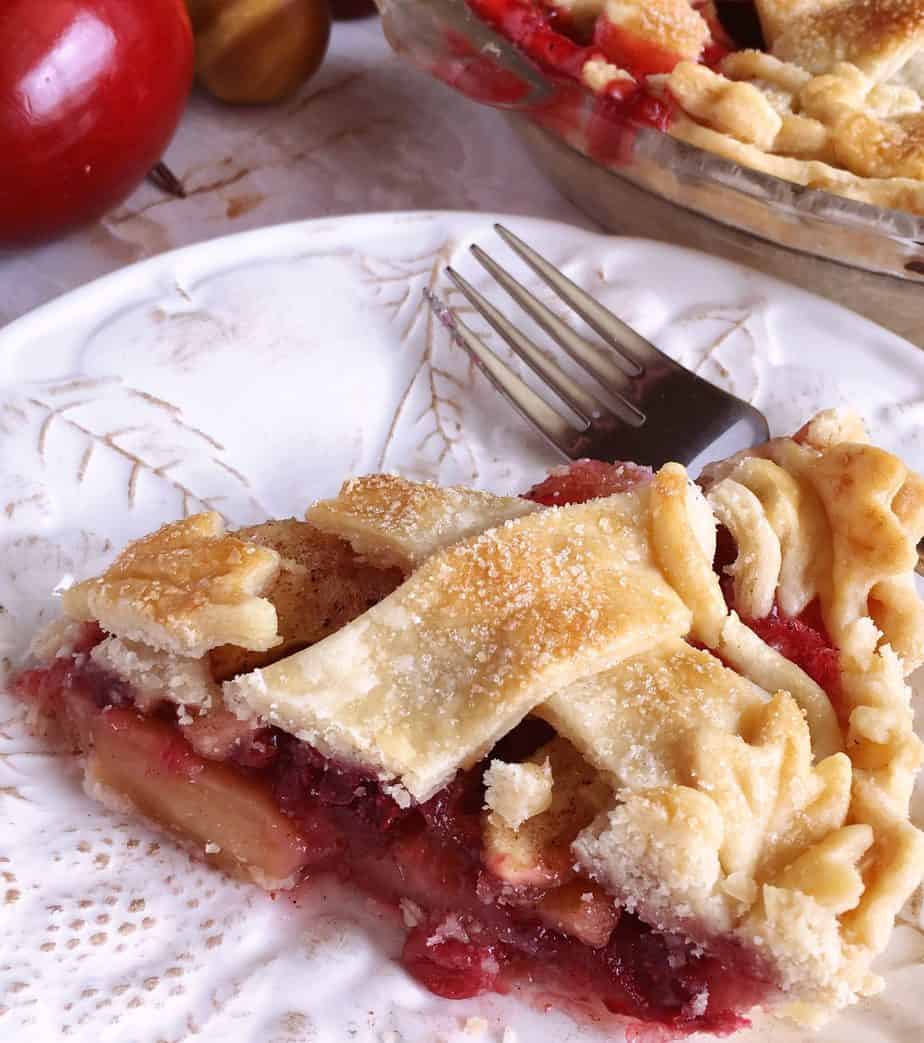 Cranberry Apple Pie slice on a plate.
