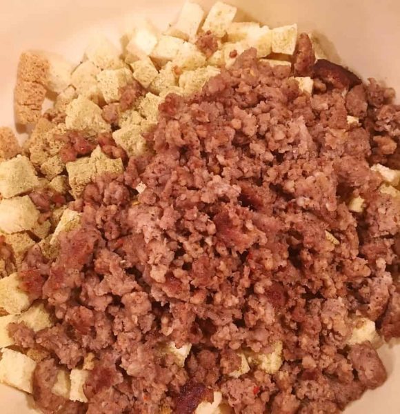 Adding Sausage to bread cubes
