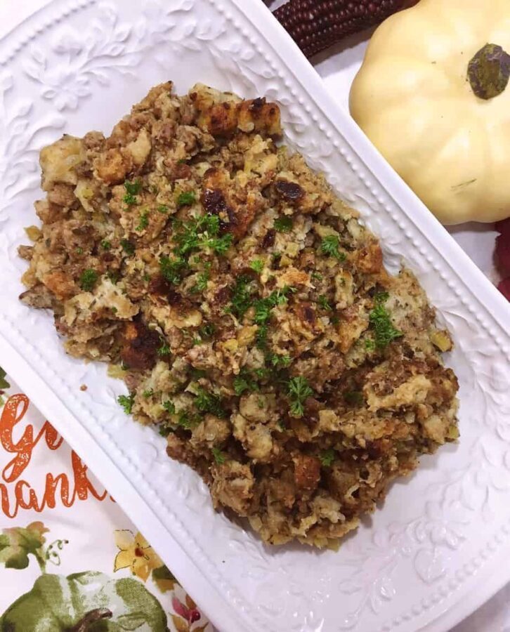 Sausage and Herb Stuffing in a serving bowl.