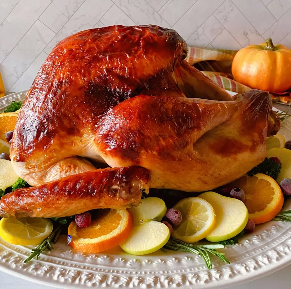 Side view of roasted Turkey on white platter.