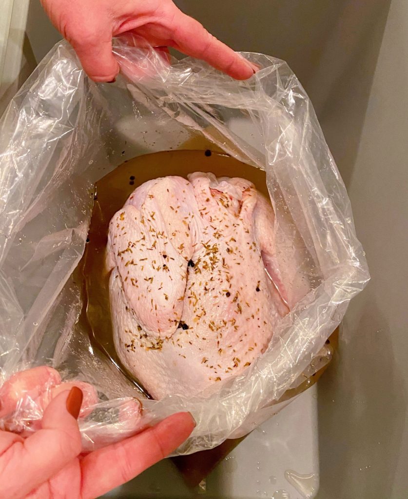 Turkey in a brining bag with brine.