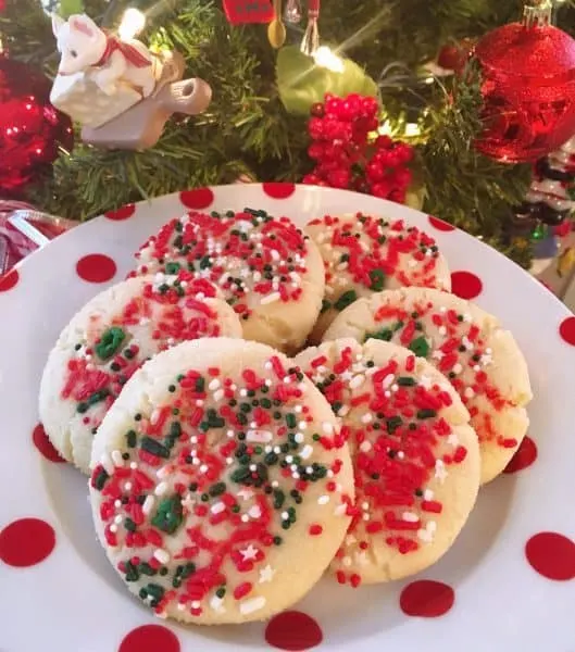 Christmas Sugar Cookies on a polka dot plate