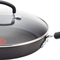 T-fal E91898 Ultimate Hard Anodized Scratch Resistant Titanium Nonstick Thermo-Spot Heat Indicator Anti-Warp Base Dishwasher Safe Oven Safe PFOA Free Glass Lid Cookware, 12-Inch, Gray