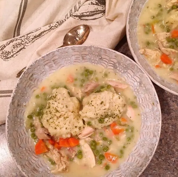 Bowl full of Creamy Chicken and Herb Dumplings