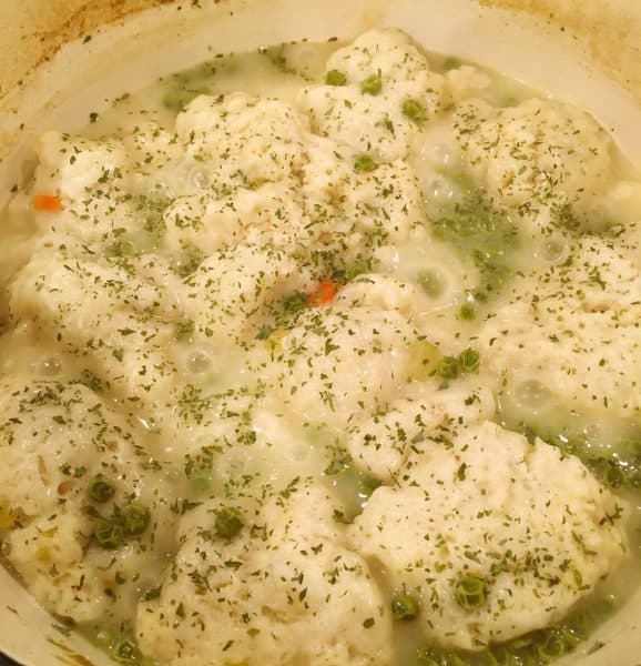 Pot full of creamy chicken and dumplings