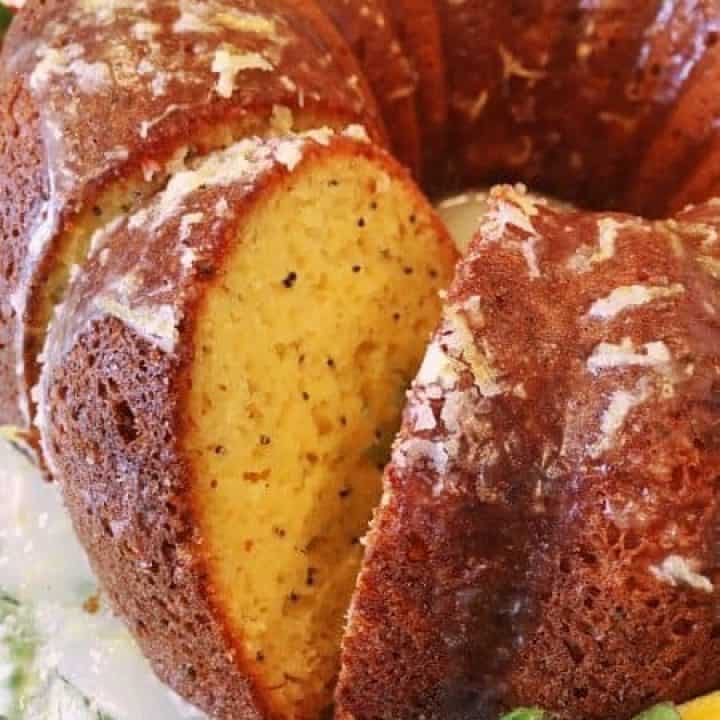 Sliced Lemon Poppy Seed Cake with Lemon Glaze.