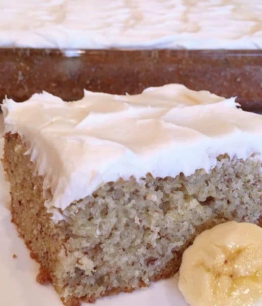 slice of banana cake with cream cheese frosting