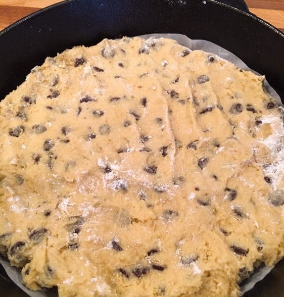 Pressed cookie dough in bottom of skillet
