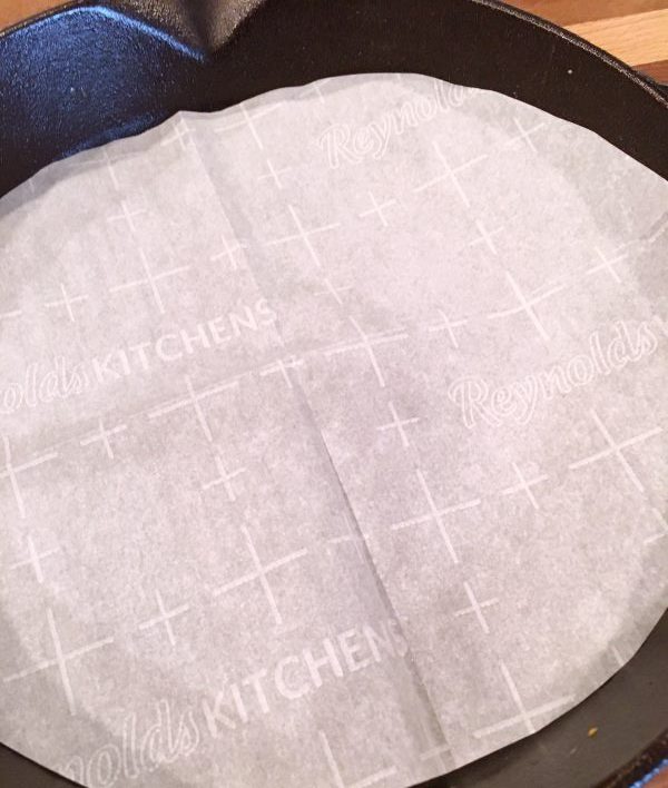 Skillet lined with parchment paper