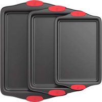 Vremi 3 Piece Baking Sheets Nonstick Set - Professional Non Stick Sheet Pan Set for Baking - Carbon Steel Baking Pans Cookie Sheets with Red Silicone Handles - has Quarter and Half Sheet Pans
