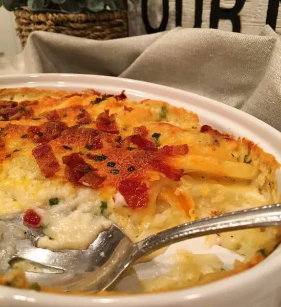 Serving dish with scalloped potatoes served