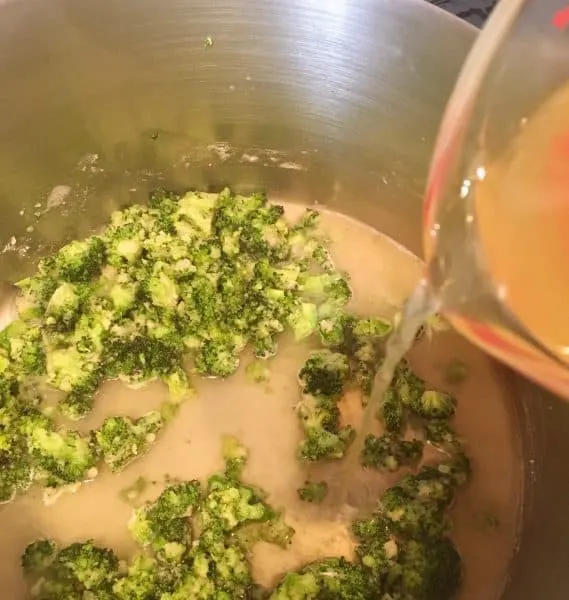 Adding chicken broth to soup