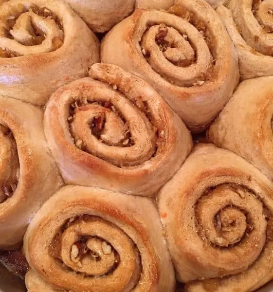 Carrot Cake Mix Cinnamon Rolls baked to a golden brown.
