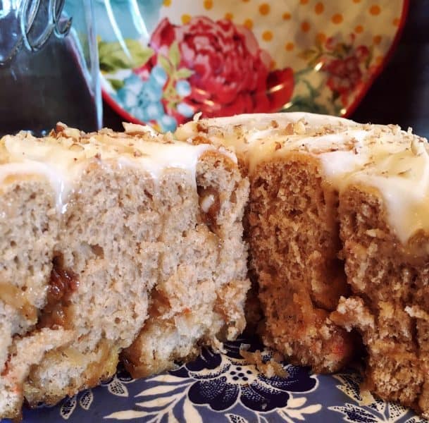 Carrot Cake Mix Cinnamon Roll sliced in half.