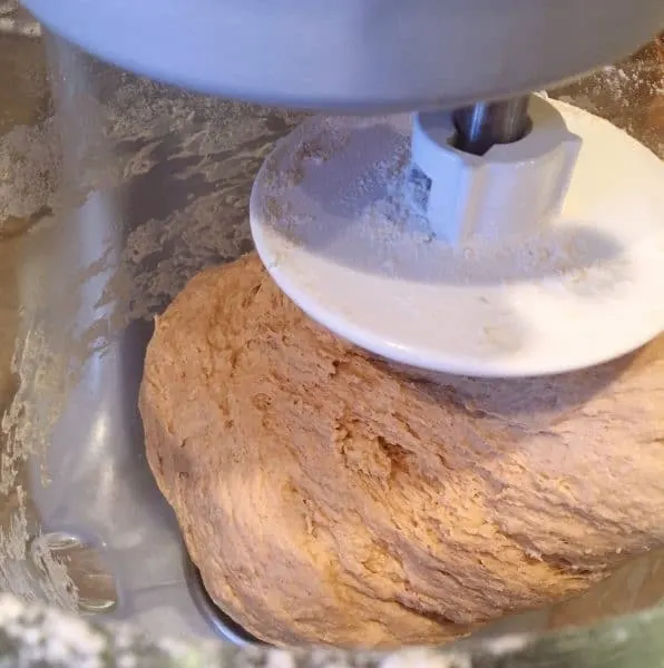Carrot Cake Mix Cinnamon Roll dough in mixer with dough hook.