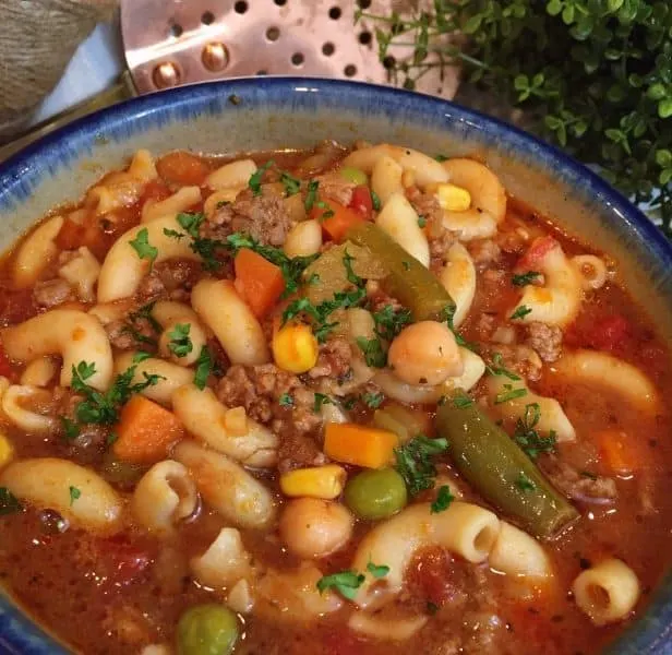 Close-up of Hamburger Vegetable Pasta Soup