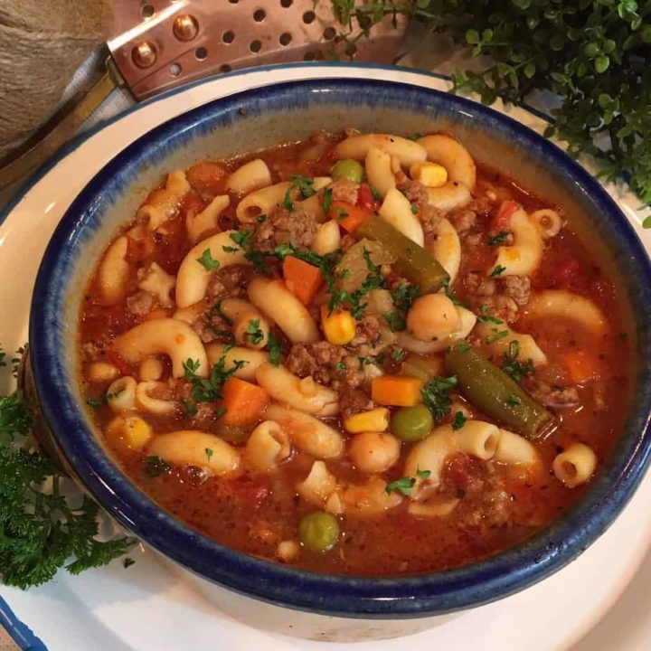 Bowl of Hamburger Vegetable Pasta Soup