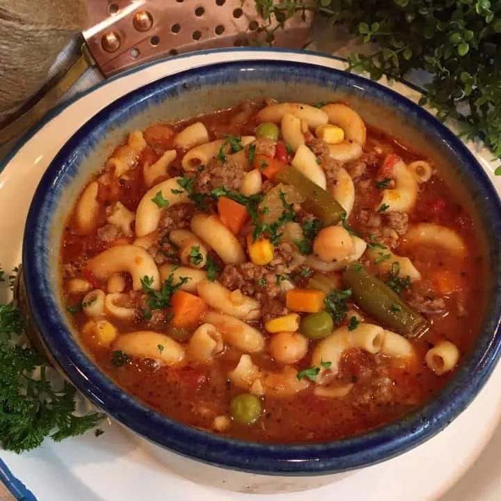 Bowl of Hamburger Vegetable Pasta Soup