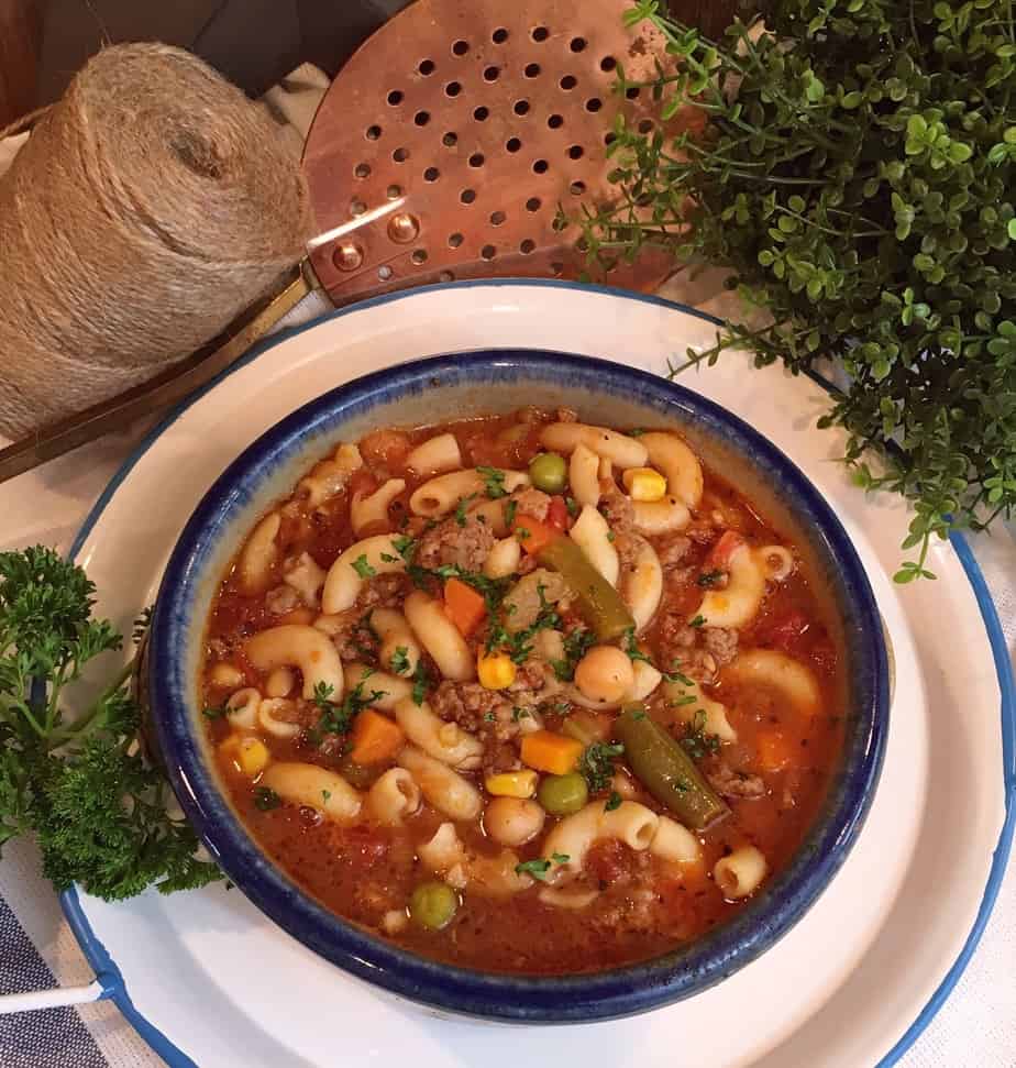 Bowl of Vegetable Hamburger Pasta Soup