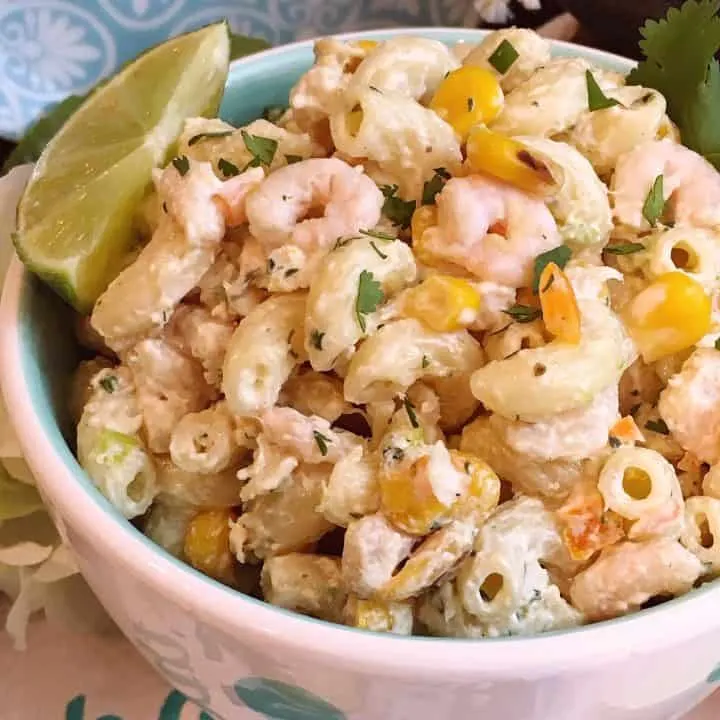 Bowl full of Mexican Seafood Pasta Salad.