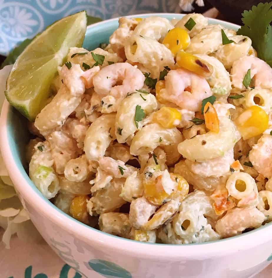 Bowl full of Mexican Seafood Pasta Salad.